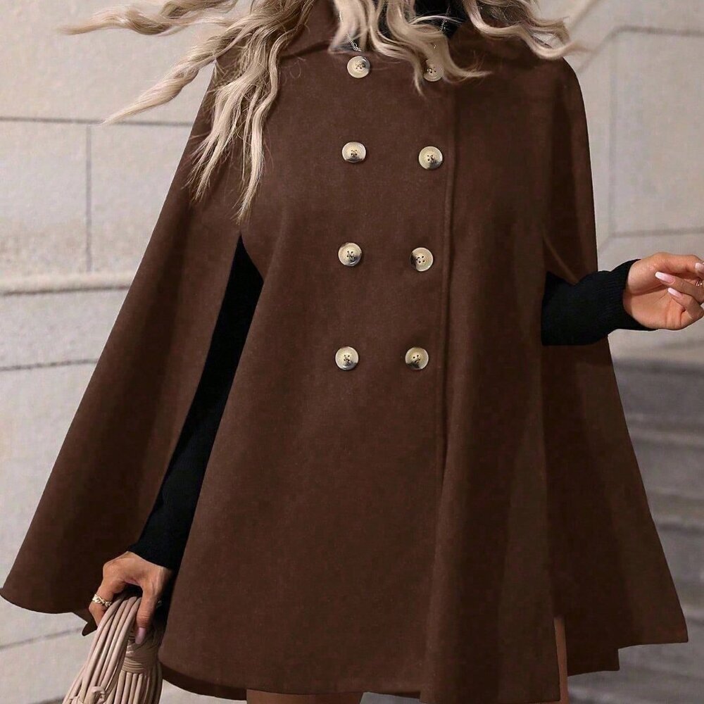 Coffee Brown Elegant Women's Minimalist Poncho Overcoat - Picture 4 of 7